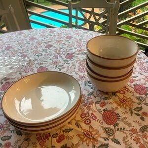 Classic Neutral Stoneware Bowl and Plate Set - Cream with Brown Rim